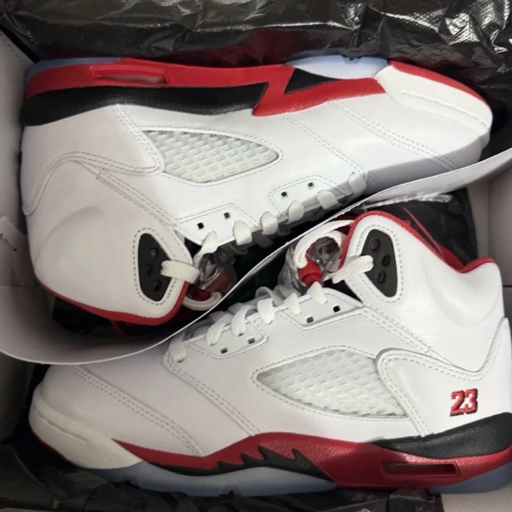 Jordan Men's White and Red Basketball Sneakers Fire Red 5’s